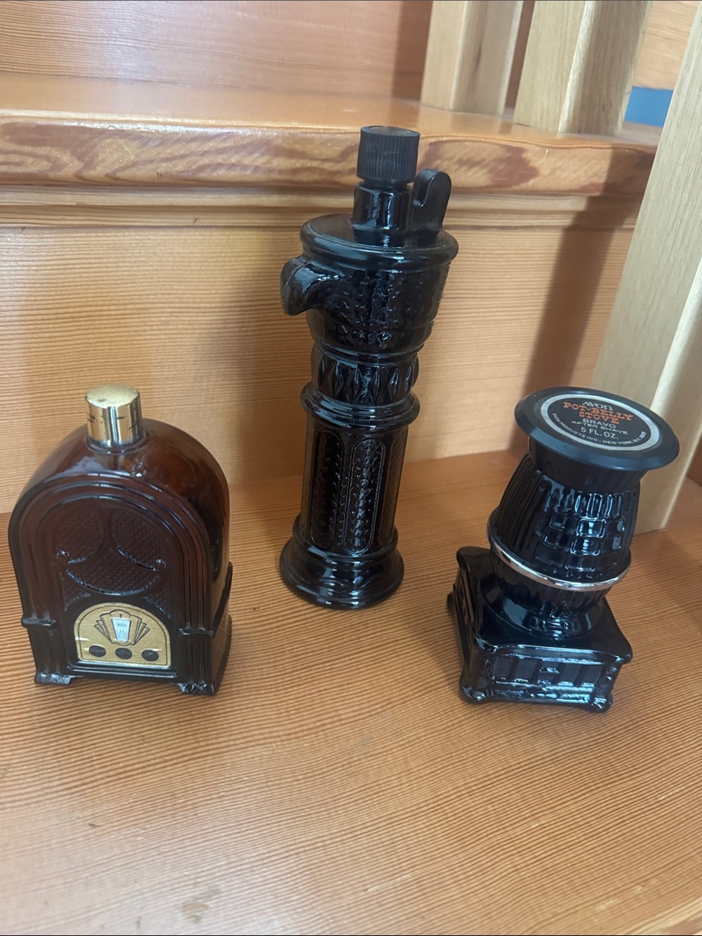 3 VTG Glass Avon Bottles Water Pump, Pot Belly Stove & Radio Bundle